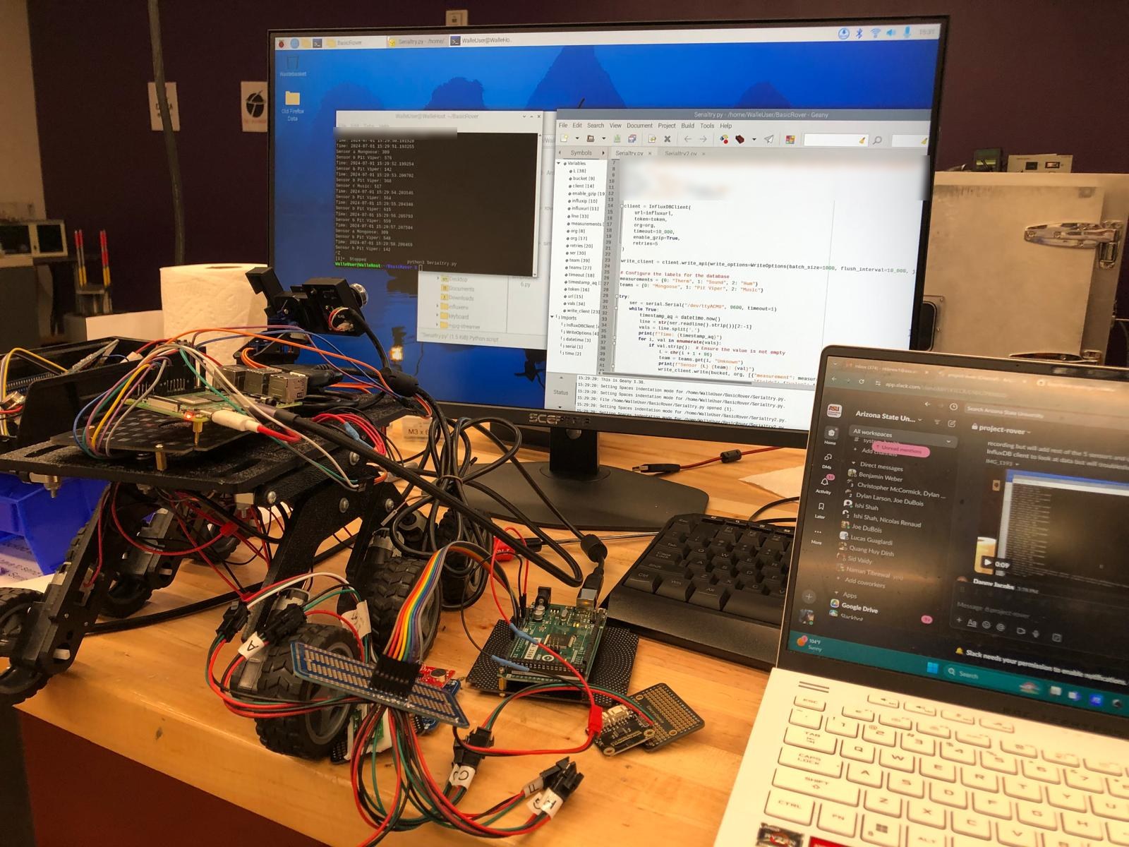 Odyssey rover on the bench with Raspberry Pi, Arduino Mega sensor wiring, and the InfluxDB logging script
