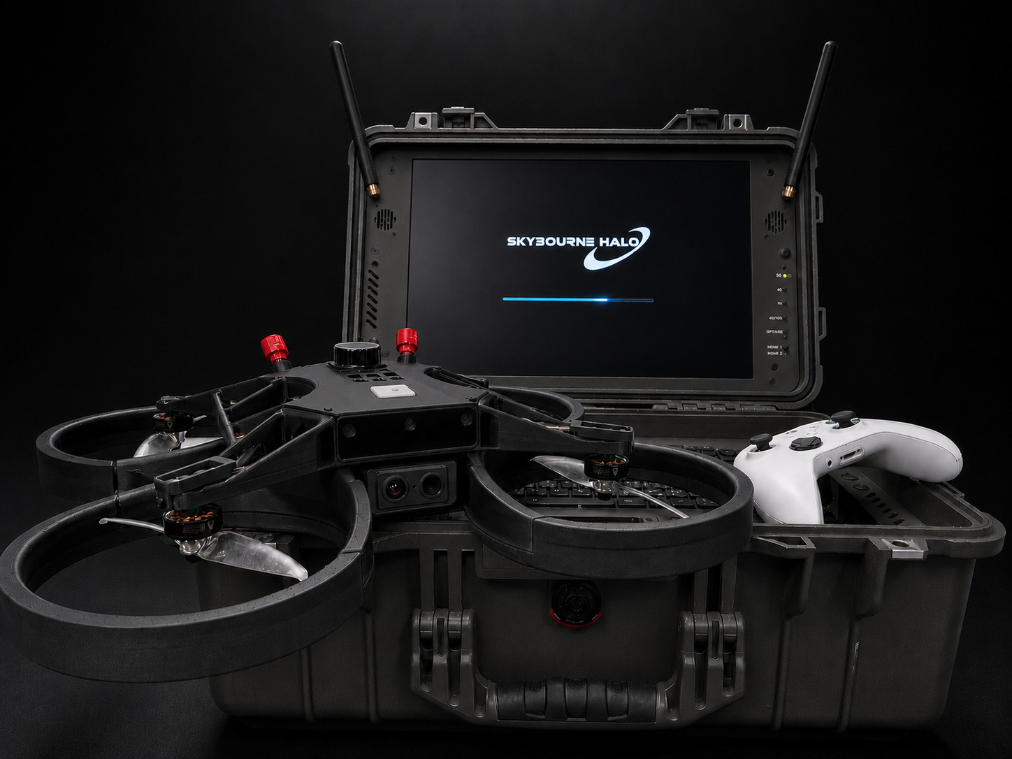 Skybourne aircraft with its portable ground-control station and controller